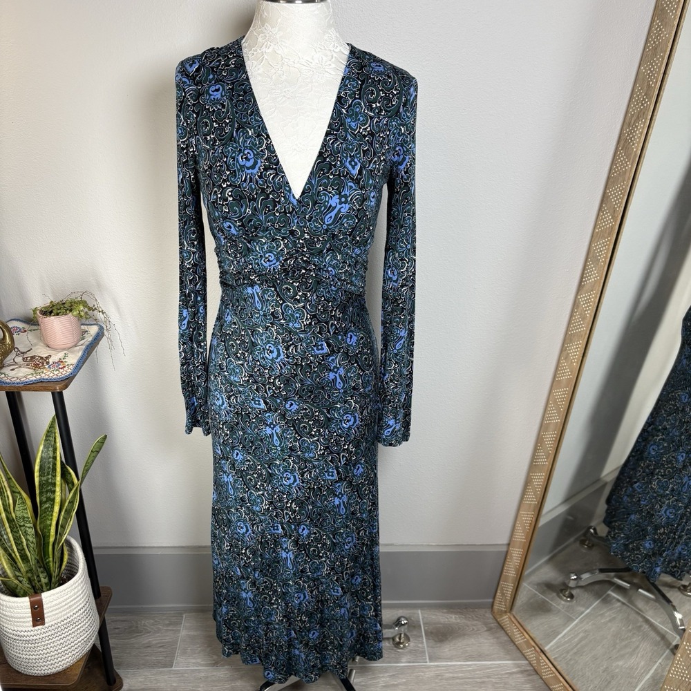Boden Women's US 6R / UK 10R~ Blue Green Paisley Elodie Empire Midi Jersey Dress